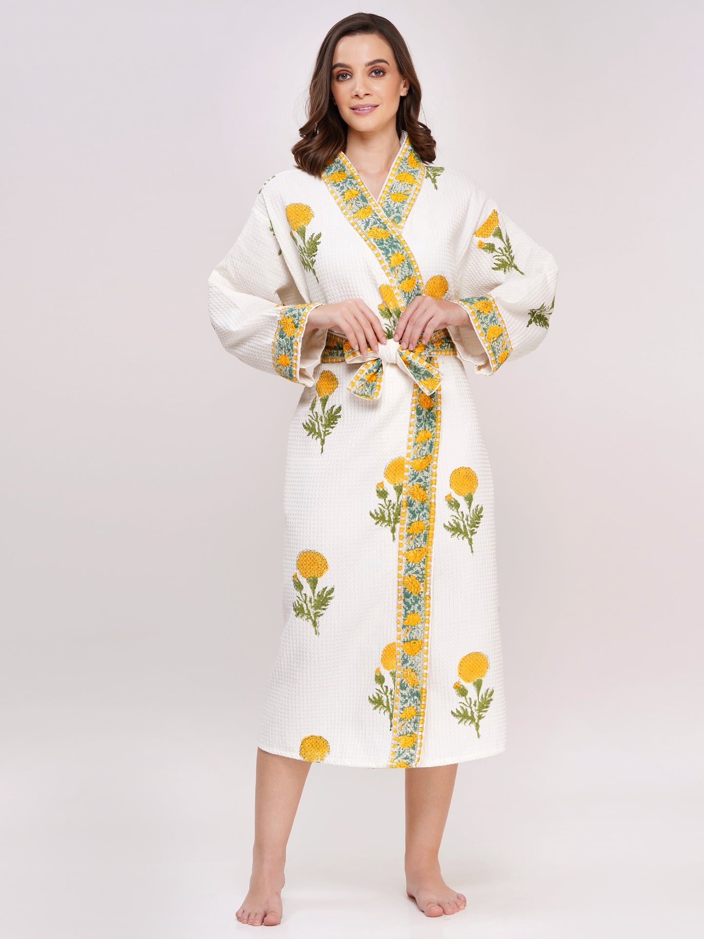 Unisex Block Printed Waffle Pure Cotton Full sleeves Bathrobe
