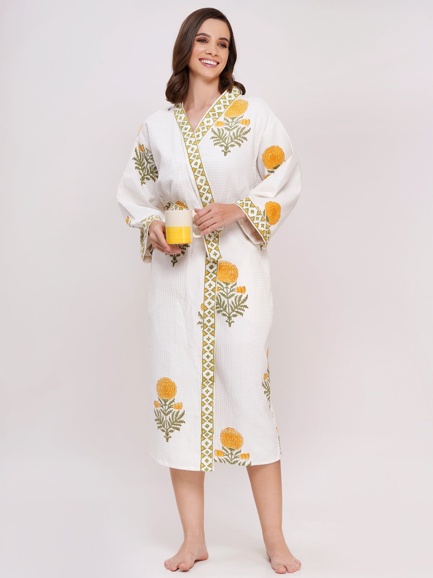 Unisex Block Printed Waffle Pure Cotton Full sleeves Bathrobe