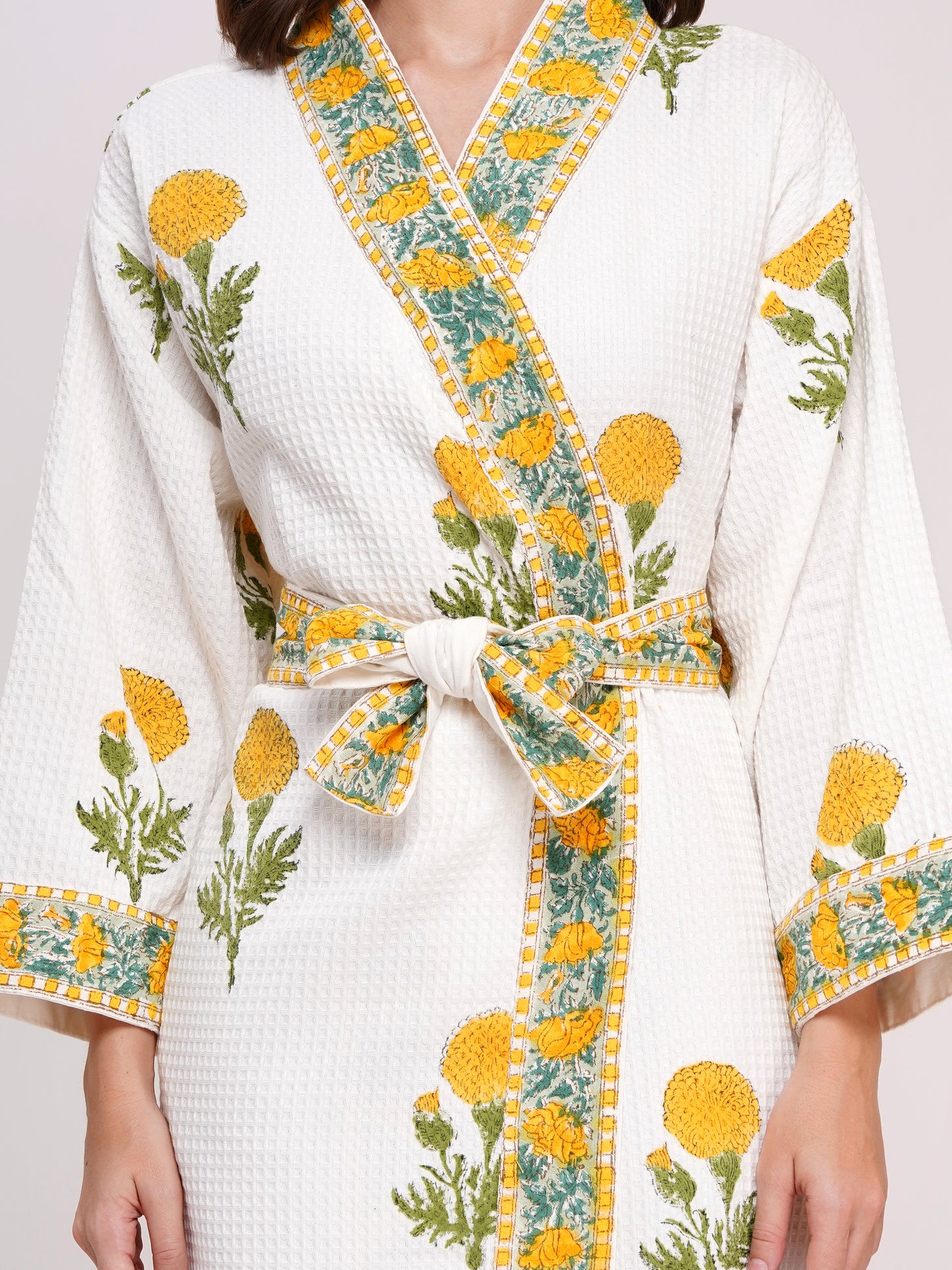 Unisex Block Printed Waffle Pure Cotton Full sleeves Bathrobe