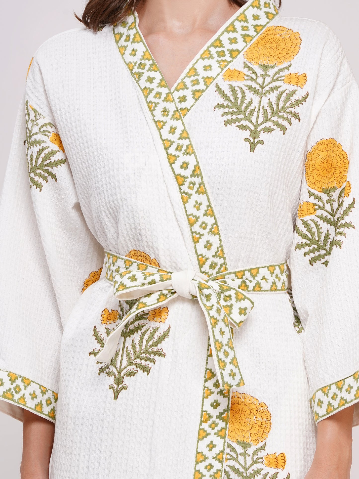 Unisex Block Printed Waffle Pure Cotton Full sleeves Bathrobe