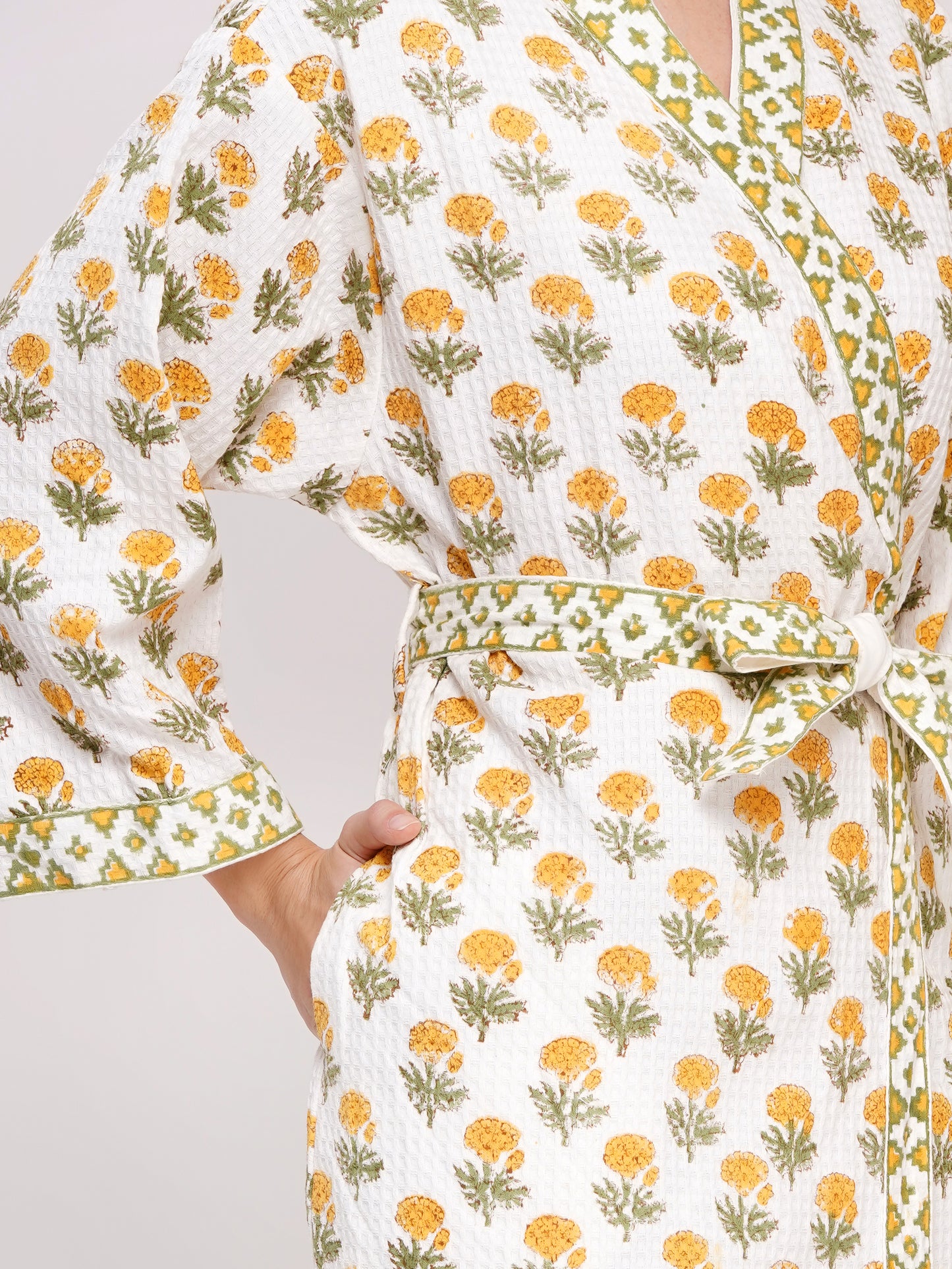 Unisex Block Printed Waffle Pure Cotton Full sleeves Bathrobe