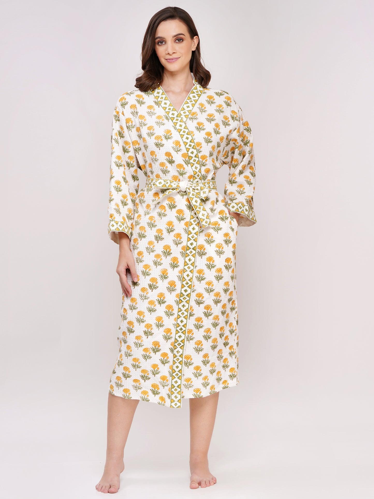 Unisex Block Printed Waffle Pure Cotton Full sleeves Bathrobe