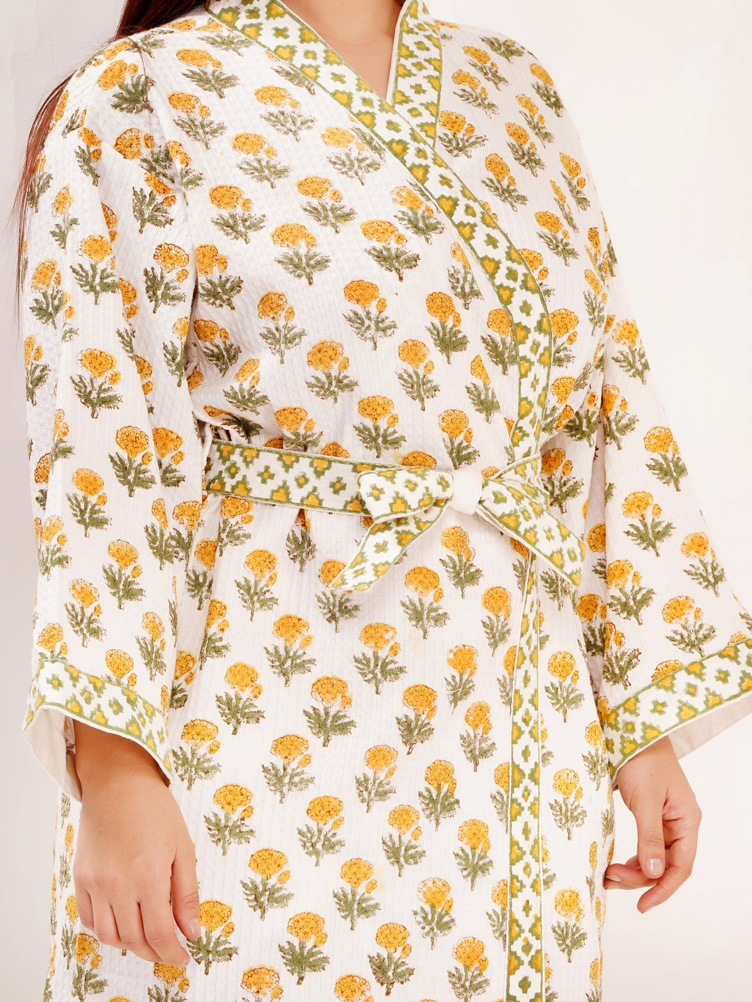 Unisex Block Printed Waffle Pure Cotton Full sleeves Bathrobe