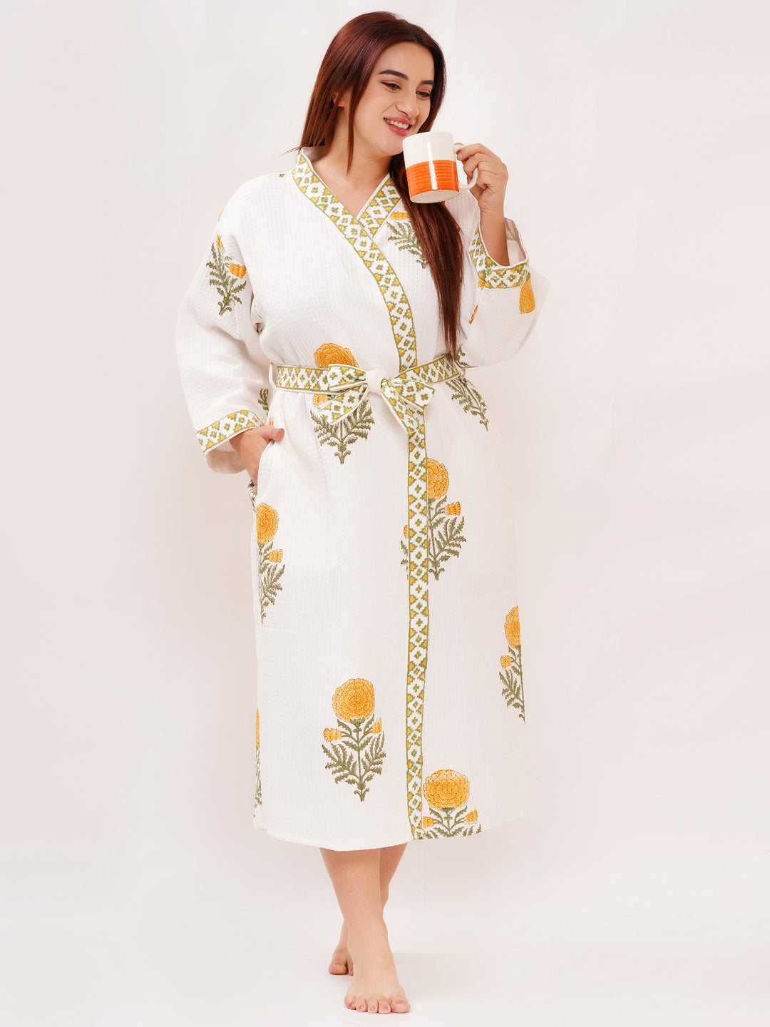 Unisex Block Printed Waffle Pure Cotton Full sleeves Bathrobe