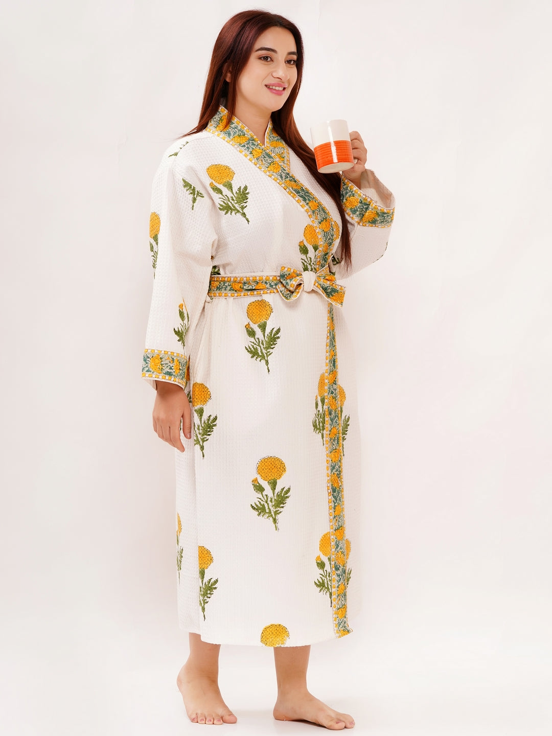 Unisex Block Printed Waffle Pure Cotton Full sleeves Bathrobe