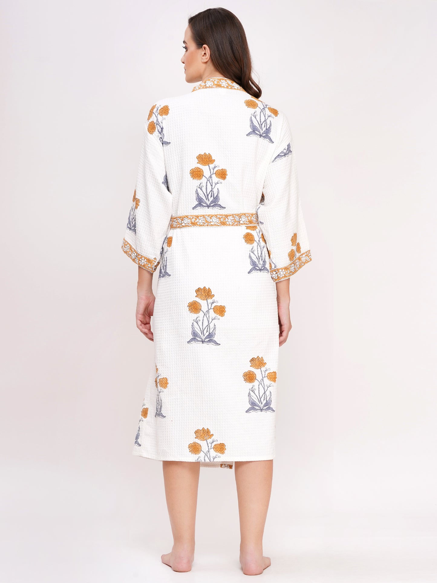 Unisex Block Printed Waffle Pure Cotton Full sleeves Bathrobe