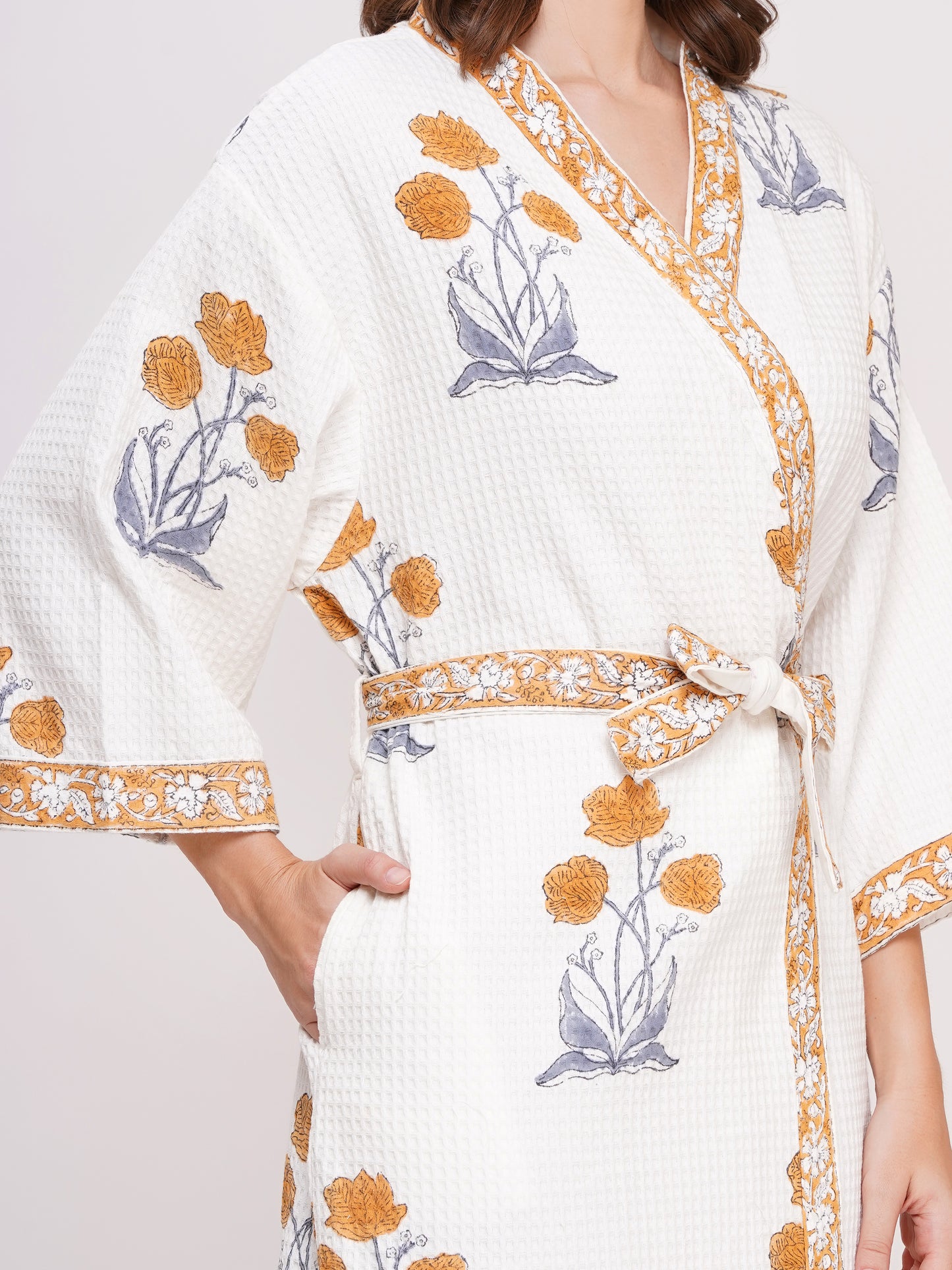 Unisex Block Printed Waffle Pure Cotton Full sleeves Bathrobe