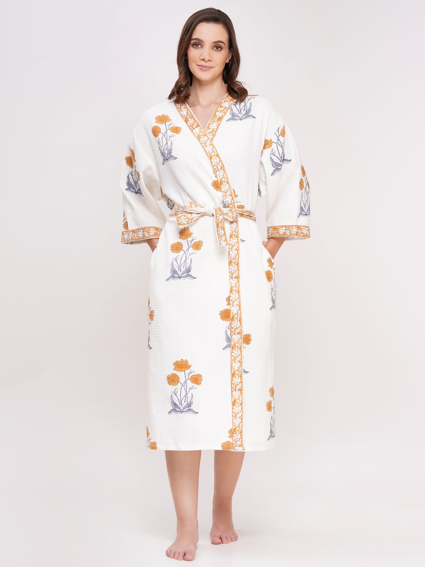Unisex Block Printed Waffle Pure Cotton Full sleeves Bathrobe