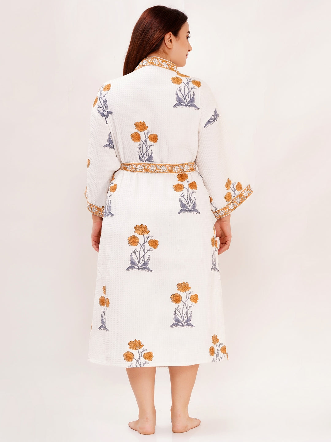 Unisex Block Printed Waffle Pure Cotton Full sleeves Bathrobe