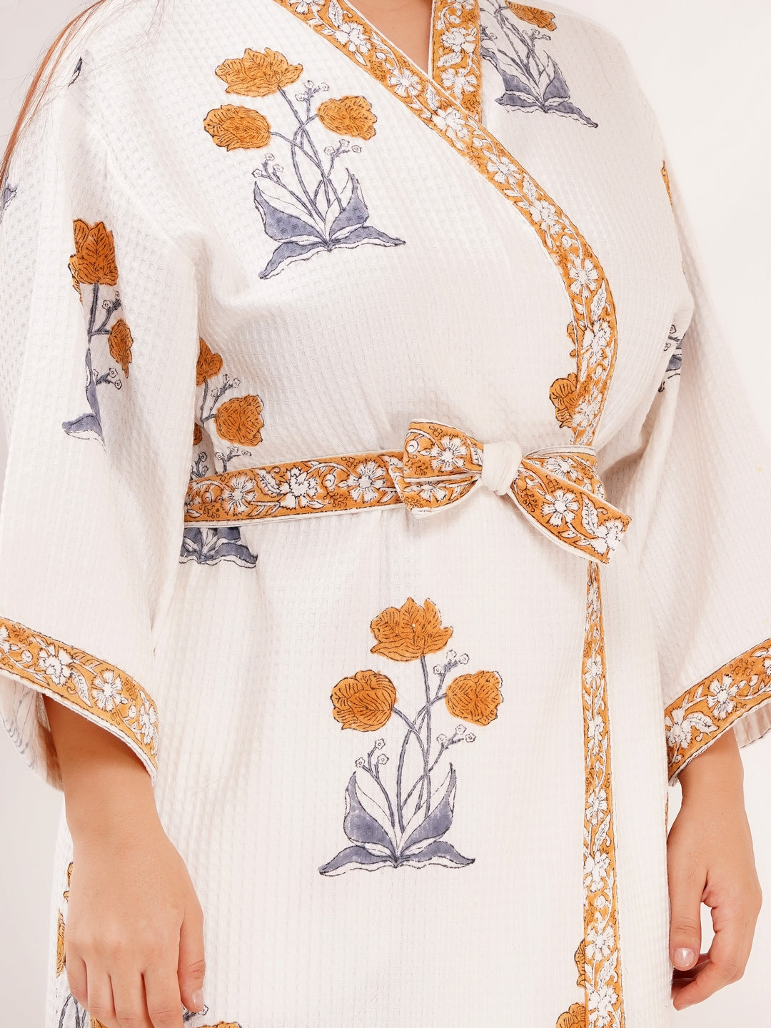 Unisex Block Printed Waffle Pure Cotton Full sleeves Bathrobe