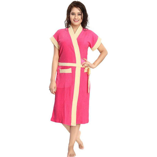 Poorak Two Tone Cotton Half Sleeves Bathrobe for Women - Free Size fit Upto 42 inches - Blue