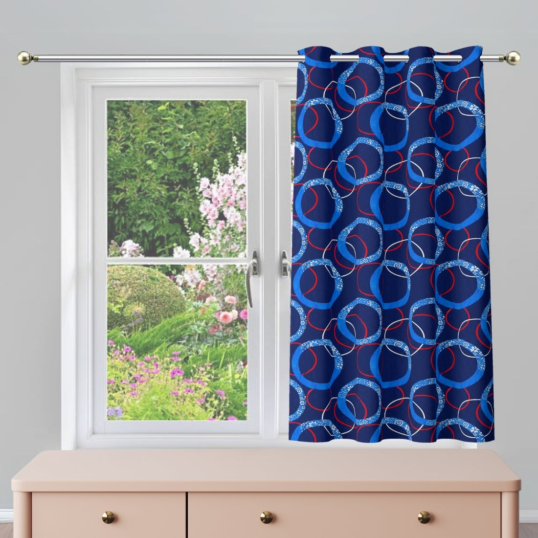 Poorak 1 Pieces Geometric Blue Panel Eyelet Polyester Window Curtains 5 Feet