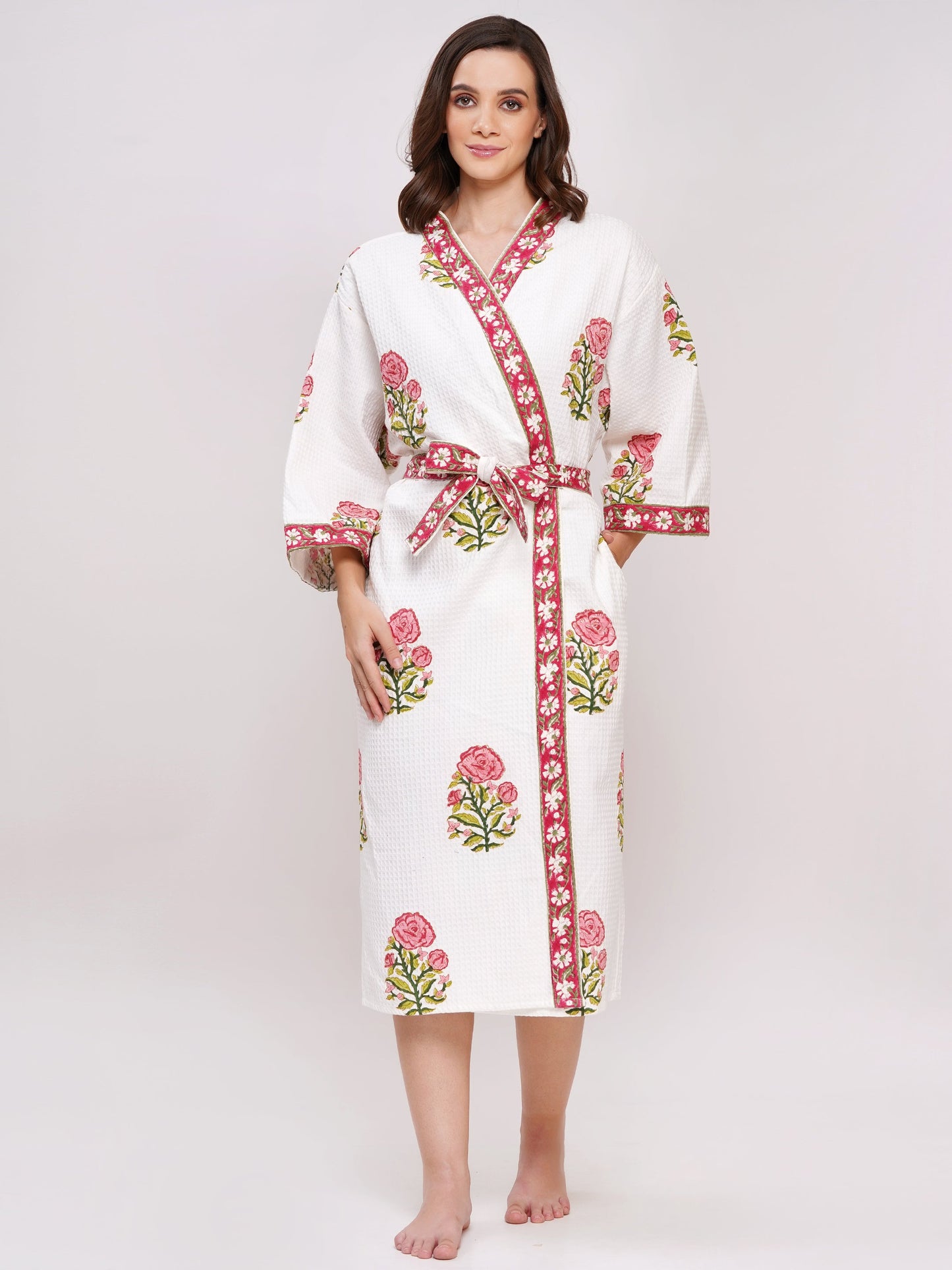 Unisex Block Printed Waffle Pure Cotton Full sleeves Bathrobe