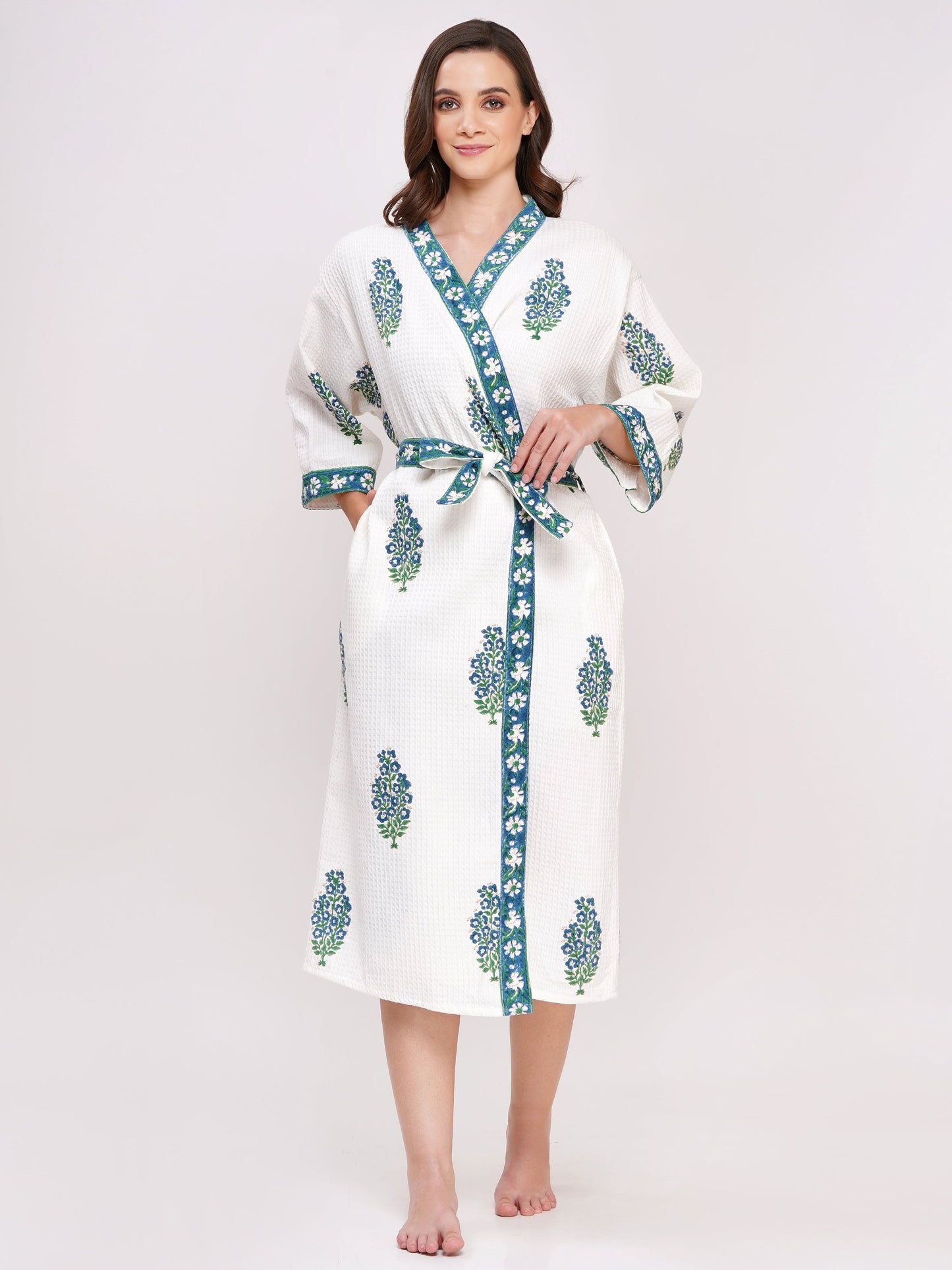 Unisex Block Printed Waffle Pure Cotton Full sleeves Bathrobe