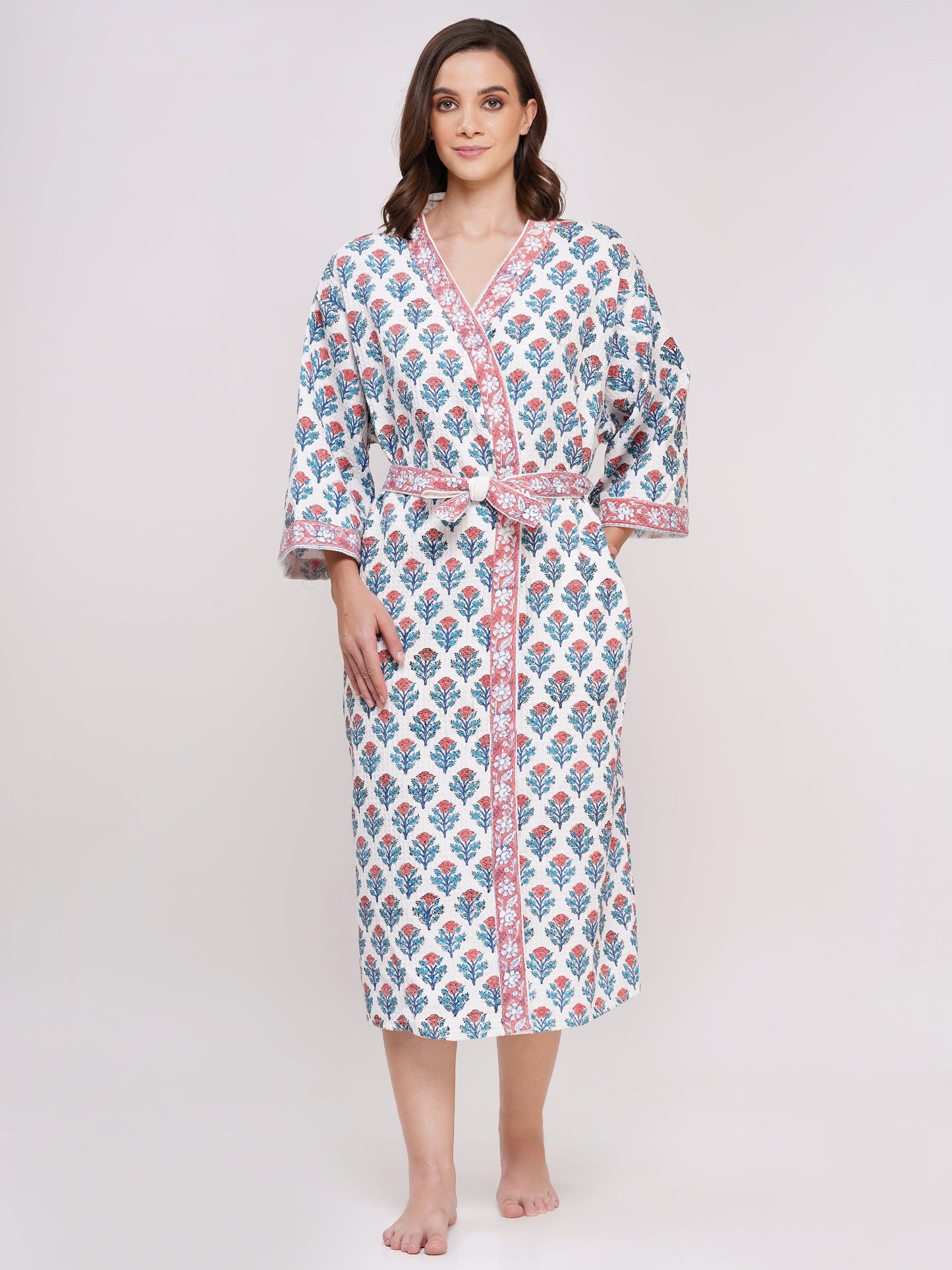 Unisex Block Printed Waffle Pure Cotton Full sleeves Bathrobe